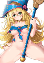 Rule 34 | 1girl, arm behind back, bare legs, bare shoulders, blonde hair, blush, bottomless, breasts, commentary request, crop top, curly hair, dark magician girl, embarrassed, female pubic hair, green eyes, hair between eyes, hand up, hat, highres, holding, holding staff, long hair, looking at viewer, medium breasts, nail polish, nakareki, navel, no bra, pink nails, pubic hair, sitting, smile, solo, spread legs, staff, thighs, underboob, very long hair, yu-gi-oh!