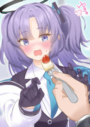 Rule 34 | 1girl, black gloves, blue archive, blue eyes, blush, buttons, cake, collared shirt, dress shirt, feeding, food, fork, fruit, gloves, halo, highres, jacket, long hair, long sleeves, looking at viewer, necktie, off shoulder, open clothes, open jacket, open mouth, parted bangs, purple hair, shirt, sidelocks, snow-yuuki, strawberry, suit jacket, sweat, twintails, upper body, wavy mouth, white jacket, yuuka (blue archive)
