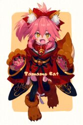 Rule 34 | 1girl, aged down, animal ear fluff, animal ears, animal hands, bell, black thighhighs, blush stickers, character name, commentary request, echo (circa), fangs, fate/grand order, fate (series), fox ears, fox girl, fox tail, gloves, hair ribbon, japanese clothes, kimono, long hair, neck bell, open mouth, paw gloves, paw shoes, pink hair, red kimono, red ribbon, ribbon, smile, solo, tail, tamamo (fate), tamamo cat (fate), thighhighs, tongue, twitter username, yellow eyes