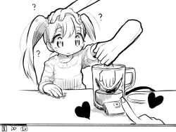 Rule 34 | 1girl, ?, blender (object), confused, disembodied hand, fake video, grabbing another&#039;s arm, greyscale, hand on another&#039;s head, hand on table, heart, imminent injury, long hair, long sleeves, looking at object, mero (o0x0o0o), monochrome, original, sleeve pushed up, small sweatdrop, table, twintails, upper body, user interface