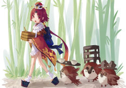 Rule 34 | 1girl, apron, bamboo, bamboo forest, benienma (fate), bird, brown eyes, brown hair, fate/grand order, fate (series), forest, hat, long hair, low ponytail, nature, ohitsu, platform clogs, shamoji, solo, sparrow, tesin (7aehyun), tray, walking, wide sleeves