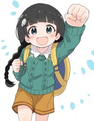 Rule 34 | 1girl, :d, aran sweater, arm up, backpack, bag, black hair, blush, braid, brown shorts, cable knit, clenched hands, collared shirt, green sweater, grey eyes, idolmaster, idolmaster cinderella girls, long hair, open mouth, outstretched arm, shirt, short shorts, shorts, single braid, smile, solo, sweater, tadanoshi kabane, ujiie mutsumi, v-shaped eyebrows, very long hair, white background, white shirt