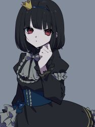 Rule 34 | 1girl, akahito (akaironotanin), black dress, black hair, crown, dress, frilled dress, frills, gothic lolita, grey background, hairband, hand up, highres, lolita fashion, looking at viewer, medium hair, mini crown, original, parted lips, red eyes, simple background, solo, upper body