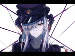 Rule 34 | 1girl, absurdres, arknights, arm up, black gloves, closed mouth, collarbone, cuffs, dragon girl, dragon horns, gloves, grey hair, hair between eyes, hair over one eye, handcuffs, hat, highres, holding, holding handcuffs, horns, letterboxed, long hair, looking at viewer, military, military hat, military uniform, official alternate costume, onlly, police, police hat, police uniform, saria (arknights), saria (the law) (arknights), simple background, solo, uniform, upper body, walkie-talkie, white background, yellow eyes