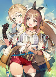 Rule 34 | 2girls, arm between breasts, atelier (series), atelier ryza, atelier ryza 1, belt, between breasts, black gloves, blonde hair, blue skirt, blush, braid, breasts, brown eyes, brown hair, cleavage, cowboy shot, flask, gloves, grass, green eyes, hair ornament, hairband, hairclip, hat, hug, hug from behind, jewelry, klaudia valentz, large breasts, long hair, looking at another, multiple girls, necklace, official art, pantyhose, partially fingerless gloves, red shorts, reisalin stout, round-bottom flask, sample watermark, short shorts, shorts, single glove, skindentation, skirt, smile, star (symbol), star necklace, thighhighs, thighs, toridamono, vial, watermark, white gloves, white headwear, wind, yuri