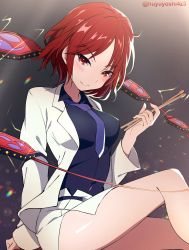 Rule 34 | 1girl, blue necktie, breasts, chromatic aberration, drum, drumsticks, feet out of frame, highres, holding, holding drumsticks, horikawa raiko, instrument, lens flare, light blush, looking at viewer, medium breasts, necktie, red eyes, red hair, short hair, simple background, sitting, smile, solo, touhou, yoshinatsu