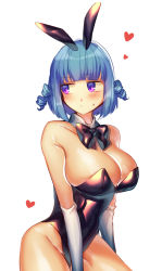 Rule 34 | 1girl, animal ears, blue hair, blunt bangs, blush, bow, bowtie, breasts, cleavage, detached collar, elbow gloves, fake animal ears, female focus, gloves, gudobe, heart, highres, large breasts, leotard, original, playboy bunny, purple eyes, rabbit ears, simple background, solo, strapless, strapless leotard, white background