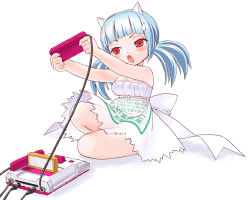 Rule 34 | 1girl, blue hair, demon girl, famicom, game console, horns, nes, oni, playing games, see-through, short twintails, solo, sweatdrop, twintails, umi no tarako, video game