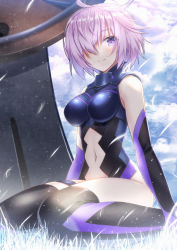 Rule 34 | 1girl, ahoge, armor, arms at sides, bare shoulders, black thighhighs, blurry, bokeh, breasts, cloud, cloudy sky, day, depth of field, elbow gloves, fate/grand order, fate (series), female focus, from side, full body, gloves, hair over one eye, halterneck, large breasts, leotard, light smile, looking at viewer, mash kyrielight, md5 mismatch, navel, outdoors, purple eyes, purple hair, senoo aoi, shield, short hair, sitting, skin tight, sky, solo, stomach, thigh strap, thighhighs, thighs, wariza