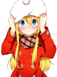 Rule 34 | 1girl, amatsuka poi, angel wings, blonde hair, blue eyes, blush, breasts, brown scarf, buttons, chikanoko, closed mouth, double-breasted, hair between eyes, hand on headwear, large breasts, long hair, looking up, plaid, plaid scarf, ragho no erika, scarf, simple background, solo, upper body, wavy mouth, white background, wings