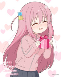 Rule 34 | 1girl, :d, ^ ^, black skirt, blush, bocchi the rock!, box, character name, closed eyes, commentary request, cube hair ornament, dated, facing viewer, gift, gift box, gotoh hitori, grey skirt, hair between eyes, hair ornament, hands up, happy birthday, heart, heart background, highres, holding, holding gift, jacket, long hair, long sleeves, mitya, one side up, open mouth, pink hair, pink jacket, pleated skirt, puffy long sleeves, puffy sleeves, simple background, skirt, sleeves past wrists, smile, solo, tears, track jacket, twitter username, very long hair, white background