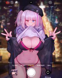 Rule 34 | 1girl, blue eyes, blurry, blurry background, breasts, cleavage, clothes in mouth, clothes lift, cowboy shot, double v, double w, english text, eonsang, girls&#039; frontline, heterochromia, highres, jacket, large breasts, lifting own clothes, long hair, looking at viewer, mdr (girls&#039; frontline), mouth hold, multicolored hair, nail polish, navel, open clothes, open jacket, panties, pink eyes, pink hair, purple nails, scarf, shirt in mouth, side ponytail, silver hair, smile, solo, streaked hair, tearing up, trembling, underwear, user interface, v, w