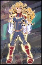 1girl absurdres artist_request blonde_hair blue_bodysuit bodysuit breasts captain_marvel captain_marvel_(cosplay) cosplay gloves hair_between_eyes highres large_breasts long_hair marvel marvel_cinematic_universe multicolored_armor red_eyes red_gloves reflection rwby smile solo star_(symbol) striped_bodysuit superhero_costume yang_xiao_long
