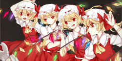 Rule 34 | 4girls, :/, :d, arin (fanfan013), ascot, asymmetrical hair, asymmetrical wings, blonde hair, crossed arms, dress, fang, flandre scarlet, four of a kind (touhou), hat, looking to the side, mob cap, multiple girls, multiple persona, open mouth, puffy short sleeves, puffy sleeves, red dress, red eyes, short hair, short sleeves, side ponytail, smile, touhou, wings