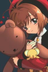 Rule 34 | 0 0, 1girl, absurdres, antenna hair, beret, blue background, brown hair, cardcaptor sakura, green eyes, hat, highres, holding, holding stuffed toy, jacket, kero (cardcaptor sakura), kinomoto sakura, large teddy bear, looking at viewer, nzeneee, open mouth, red headwear, red jacket, short hair, simple background, smile, stuffed animal, stuffed toy, teddy bear, upper body
