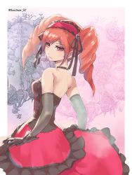 Rule 34 | 1girl, amy sorel, bare shoulders, black gloves, closed mouth, corset, dress, drill hair, elbow gloves, frills, from behind, gloves, gothic lolita, lolita fashion, long hair, looking back, maid headdress, pink eyes, red hair, skirt, solo, soul calibur, soulcalibur, soulcalibur vi, twin drills, yotastar