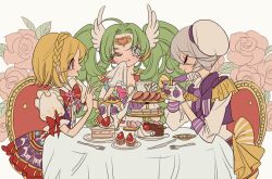 Rule 34 | 3girls, blonde hair, braid, cake, cake slice, chair, closed eyes, closed mouth, crown braid, cupcake, drill hair, falulu, floral background, flower, food, forehead jewel, fork, fruit, green hair, grey eyes, grey hair, hair between eyes, hand on own chin, handkerchief, headphones, holding, holding handkerchief, idol clothes, knife, long hair, long sleeves, looking at another, looking at viewer, macaron, meremero, midorikaze fuwari, multiple girls, one eye closed, open mouth, parted bangs, pink flower, pink rose, plate, pretty series, pripara, profile, rose, shikyoin hibiki, short hair, sitting, smile, strawberry, table, teapot, tiered tray, twin drills, twintails, very long hair, wing hair ornament, wiping mouth