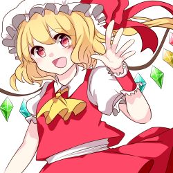 Rule 34 | 1girl, absurdres, blonde hair, blush, bow, chiyori (soleilandiris), commentary request, cowboy shot, flandre scarlet, hat, hat bow, highres, mob cap, open mouth, raised eyebrows, red bow, red eyes, red skirt, red vest, shirt, short sleeves, simple background, skirt, smile, solo, touhou, vest, white background, white hat, white shirt, wings, wrist cuffs, yellow neckwear