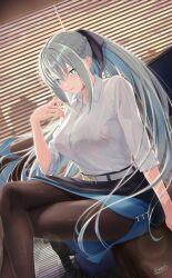 Rule 34 | 10330 illust, 1girl, absurdres, black bow, black dress, black skirt, blue eyes, blush, bow, braid, breasts, collarbone, collared shirt, dress, dress shirt, french braid, grey hair, hair bow, highres, large breasts, long hair, long sleeves, looking at viewer, morgan le fay (chaldea satellite station) (fate), morgan le fay (fate), office lady, open mouth, original, pantyhose, ponytail, shirt, sidelocks, sitting, skirt, smile, solo, thighs, urato hotaru, very long hair