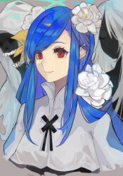 1girl blue_hair dizzy_(guilty_gear) flower guilty_gear guilty_gear_strive hair_flower hair_ornament highres levvellevvel long_hair looking_at_viewer necro_(guilty_gear) official_alternate_costume official_alternate_hairstyle queen_dizzy red_eyes sidelocks smile solo swept_bangs undine_(guilty_gear) upper_body white_flower