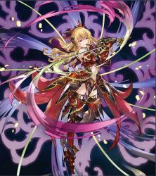 Rule 34 | 10s, 1girl, armor, bare shoulders, blonde hair, granblue fantasy, jpeg artifacts, lord of vermilion, midriff, minaba hideo, navel, official art, red eyes, solo, sword, thighhighs, vira (granblue fantasy), weapon