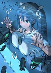 Rule 34 | 1girl, abyssal ship, against glass, bad id, bad twitter id, bare shoulders, blue eyes, breast press, breasts, breasts on glass, commentary request, glowing, glowing eyes, hair between eyes, hair ribbon, highres, isuzu (kancolle), kantai collection, large breasts, long hair, osananajimi neko, ribbon, short sleeves, sketch, twintails, unfinished