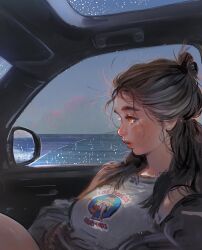 Rule 34 | 1girl, car interior, character request, copyright request, earrings, from side, highres, horizon, jewelry, lips, little thunder, long hair, looking away, los pollos hermanos, mole, mole on cheek, night, night sky, paid reward available, parted lips, reclining, sky, sleeveless, solo, upper body, water