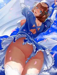 Rule 34 | 1girl, :d, arms up, ass, back, bed sheet, blue eyes, blue sky, breasts, brown hair, cloud, cloudy sky, cowboy shot, day, eyelashes, frilled skirt, frilled sleeves, frills, from behind, from below, green ribbon, hair ribbon, highres, large breasts, legs together, looking at viewer, looking back, maid, maid headdress, no panties, open mouth, original, outdoors, partially visible vulva, petals, ribbon, short hair, shoulder blades, sideboob, skirt, sky, smile, solo, standing, switch01, thighhighs, tongue, upskirt, white thighhighs, wind, wind lift, wrist cuffs