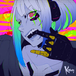 Rule 34 | 1girl, artist name, colored inner hair, cyberpunk (series), cyborg, fangs, green eyes, headphones, highres, koyorin, looking at viewer, mechanical arms, multicolored hair, open mouth, pink eyes, short hair, single mechanical arm, solo, two-tone eyes, upper body