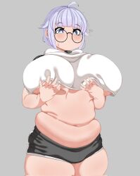 Rule 34 | 1girl, ahoge, blunt bangs, blush, breasts, closed mouth, cowboy shot, glasses, grey background, highres, huge breasts, icecube2lazy, medium hair, navel, no nose, original, plump, purple hair, short shorts, shorts, simple background, solo, sweatdrop, thick thighs, thighs