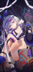 Rule 34 | 1girl, ankle strap, bare legs, barefoot, between toes, boots, closed mouth, crop top, crossed legs, drill hair, ear piercing, feet, food, foot focus, foot out of frame, from below, goggles, goggles on head, grey eyes, grey hair, highres, holding, holding boots, holding clothes, holding footwear, holding with feet, honkai: star rail, honkai (series), icecake, indoors, leash, long hair, looking at viewer, paid reward available, piercing, pov, silver wolf (honkai: star rail), solo, thighs, viewer on leash