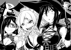 Rule 34 | 3girls, breasts, cleavage, fingernails, greyscale, halloween, hat, highres, hitomi-chan wa hitomishiri, large breasts, monochrome, multiple girls, official art, sharp fingernails, takano hitomi, witch hat