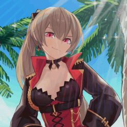 Rule 34 | 1girl, animated, animated gif, artist request, azur lane, black choker, brown hair, choker, corset, jean bart (azur lane), long hair, long sleeves, looking at viewer, palm tree, ponytail, red corset, red eyes, smile, smug, source request, sparkle, third-party edit, tree, upper body