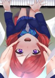 Rule 34 | 1girl, 1other, blue bow, blue bowtie, blue jacket, blue skirt, blush, bow, bowtie, breasts, foreshortening, from above, hands on another&#039;s cheeks, hands on another&#039;s face, highres, instrument, jacket, long sleeves, looking at viewer, love live!, love live! school idol project, medium breasts, medium hair, music, nishikino maki, open mouth, otonokizaka school uniform, piano, playing instrument, pov, pov hands, purple eyes, red hair, school uniform, shirt, sitting, skirt, upper body, v-shaped eyebrows, white shirt, winter uniform, yanase eiwa