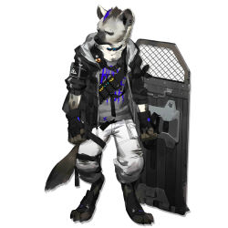 Rule 34 | 1boy, arknights, artist request, cowboy shot, dog tags, fingerless gloves, full body, fur, furry, furry male, gloves, hyena boy, hyena ears, hyena tail, infection monitor (arknights), jacket, male focus, material growth, non-web source, oripathy lesion (arknights), sitting, solo, source request, spot (arknights)