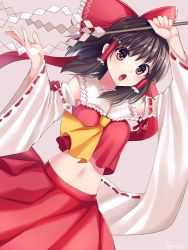 Rule 34 | 1girl, 8931ponzu, :o, ascot, black hair, bow, breasts, brown eyes, detached sleeves, frilled bow, frills, gohei, hair bow, hair tubes, hakurei reimu, holding, long sleeves, looking at viewer, medium breasts, medium hair, navel, open mouth, red bow, red skirt, ribbon-trimmed sleeves, ribbon trim, skirt, solo, stomach, touhou, v-shaped eyebrows, wide sleeves, yellow ascot