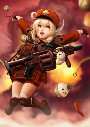 Rule 34 | 1girl, :d, adapted costume, ahoge, alternate costume, arms up, blurry, boots, brown footwear, brown gloves, bulletproof vest, cabbie hat, clover print, commentary, depth of field, english commentary, explosion, explosive, fingerless gloves, genshin impact, gloves, grenade, grenade launcher, gun, hair between eyes, hand grenade, hat, hat feather, hat ornament, highres, jumping, jumpsuit, jumpy dumpty, klee (genshin impact), knee boots, knee pads, kneehighs, knees together feet apart, light brown hair, long hair, long sleeves, looking at viewer, low twintails, milkor mgl, okita, open mouth, orange eyes, outstretched arms, pointy ears, red jumpsuit, revolver grenade launcher, sidelocks, simple background, smile, socks, solo, spread arms, twintails, weapon