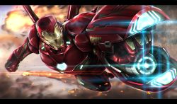 Rule 34 | 1boy, armor, avengers: infinity war, avengers (series), explosion, flying, full armor, glowing, gomi kushige, helmet, iron man, looking at viewer, male focus, marvel, marvel cinematic universe, mecha, mk 50, power armor, robot, solo