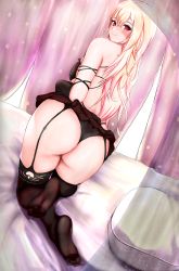 Rule 34 | 1girl, absurdres, ass, ass focus, bare shoulders, bed sheet, black bra, black gloves, black panties, black thighhighs, blonde hair, blush, bra, breasts, cllerts, closed mouth, curtains, elbow gloves, from behind, full body, garter straps, gloves, gradient hair, gyaru, hair between eyes, highres, indoors, kitagawa marin, kneeling, long hair, looking at viewer, looking back, medium breasts, miniskirt, multicolored hair, no shoes, panties, pillow, pink curtains, pleated skirt, red eyes, skindentation, skirt, soles, solo, sono bisque doll wa koi wo suru, strap, thighhighs, thighs, transparent, underwear