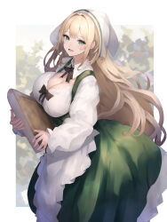 Rule 34 | 1girl, absurdres, apron, baketsu, black bow, black bowtie, blonde hair, book, bow, bowtie, breasts, cleavage, collared shirt, frilled skirt, frills, green eyes, green skirt, highres, holding, holding book, large breasts, long hair, open mouth, original, shirt, skirt, solo, suspender skirt, suspenders, teeth, white apron, white headwear, white shirt