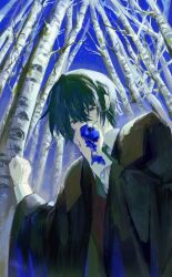Rule 34 | 1boy, akutoku no judgement (vocaloid), ascot, birch tree, biting, black robe, blood, blood on clothes, blue apple, blue ascot, blue blood, blue eyes, blue hair, blue sky, blue theme, cold, collared shirt, colored skin, commentary, evillious nendaiki, food, from below, fruit, gallerian marlon, highres, holding, holding food, holding fruit, judge, kaito (vocaloid), limited palette, messy hair, paint on clothes, pale skin, ratchetlovelove, robe, shirt, short hair, sky, solo, vocaloid, white shirt, white skin