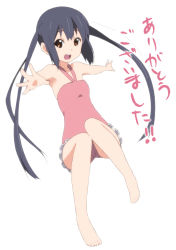 Rule 34 | 1girl, armpits, barefoot, black hair, brown eyes, casual one-piece swimsuit, errant, flat chest, foreshortening, k-on!, long hair, looking at viewer, nakano azusa, one-piece swimsuit, outstretched arms, outstretched hand, perspective, pink one-piece swimsuit, smile, solo, spread arms, swimsuit, twintails