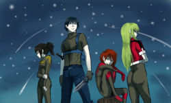 Rule 34 | 00s, 1boy, 3girls, amber (darker than black), bai (darker than black), black gloves, black hair, bodysuit, brother and sister, crossed arms, darker than black, dtb, gloves, havoc (darker than black), hei (darker than black), highres, knife, multiple girls, night, night sky, pai, ponytail, red hair, shooting star, siblings, sky, snow, star (symbol), thigh strap, weapon
