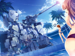 Rule 34 | 2girls, anger vein, bikini, blue bikini, brown eyes, brown hair, cannon, closed eyes, cloud, contrail, day, hand on own hip, highres, lens flare, long hair, mecha, multiple girls, open mouth, original, palm tree, pool, robot, sky, smile, sunlight, swimsuit, tree, water, windforcelan