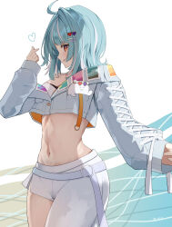 Rule 34 | 1girl, :q, absurdres, ahoge, animal, animal in clothes, asymmetrical pants, belt, blue hair, breasts, camisole, cropped jacket, cross-laced clothes, cross-laced sleeves, finger heart, hair ornament, hairclip, heart, heart hair ornament, highres, jacket, long sleeves, looking at viewer, medium breasts, midriff, multicolored hair, navel, orange eyes, pants, rj edward (artist), shiranami ramune, short hair, solo, stomach, streaked hair, toned, tongue, tongue out, virtual youtuber, vspo!, water, white belt, white camisole, white hair, white jacket, white pants