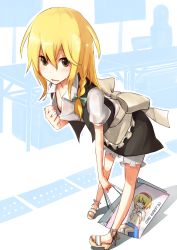 Rule 34 | 1girl, alice margatroid, bag, bent over, black bra, blonde hair, blush, box, bra, braid, breasts, clothes lift, covering privates, covering breasts, downblouse, female focus, full body, hair ribbon, hairband, hard-translated, highres, kirisame marisa, lingerie, open mouth, partially colored, ribbon, shiroshi (denpa eshidan), shirt, shirt lift, shirt tug, shopping bag, skirt, skirt set, solo, sweat, table, third-party edit, touhou, translated, underwear, vest, white background