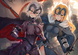 Rule 34 | 2girls, armor, armored dress, black dress, blonde hair, blue dress, blue eyes, blush, braid, breasts, cape, chain, closed mouth, dress, fate/apocrypha, fate/grand order, fate (series), faulds, flag, fur trim, gauntlets, hair between eyes, headpiece, jeanne d&#039;arc (fate), jeanne d&#039;arc (ruler) (fate), jeanne d&#039;arc alter (avenger) (fate), jeanne d&#039;arc alter (fate), kawai (purplrpouni), large breasts, long braid, long hair, looking at viewer, multiple girls, open mouth, plackart, short hair, silver hair, single braid, smile, very long hair, yellow eyes