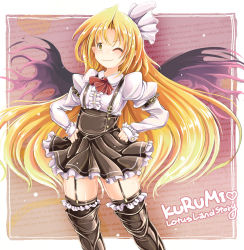 Rule 34 | 1girl, adapted costume, ascot, bat wings, black thighhighs, blonde hair, blush, buttons, character name, copyright name, frills, garter straps, hair ornament, hands on own hips, highres, ichirino minagi, kurumi (touhou), long hair, long sleeves, one eye closed, pointy ears, puffy long sleeves, puffy sleeves, smile, solo, suspenders, thighhighs, touhou, touhou (pc-98), very long hair, wall of text, wings, wrist cuffs, yellow eyes