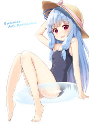 Rule 34 | 1girl, :d, barefoot, blue hair, blunt bangs, character name, commentary request, feet, full body, hand on headwear, hat, hat ribbon, innertube, kotonoha aoi, long hair, looking at viewer, ominaeshi (takenoko), one-piece swimsuit, open mouth, red eyes, ribbon, simple background, smile, solo, strap slip, sun hat, swim ring, swimsuit, voiceroid, white background