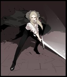Rule 34 | 1girl, absurdres, black border, black footwear, black pants, blonde hair, border, cape, closed mouth, crack, cracked floor, earrings, fur-trimmed cape, fur trim, glowing, glowing weapon, gogalking, grey cape, grey eyes, highres, holding, holding sword, holding weapon, jewelry, leonir (gogalking), long hair, long sleeves, looking at viewer, necklace, original, pants, serious, shirt, shoes, solo, swinging, sword, symbol-only commentary, torn cape, torn clothes, two-handed, weapon, white shirt